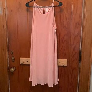 high neck, knee length light pink dress